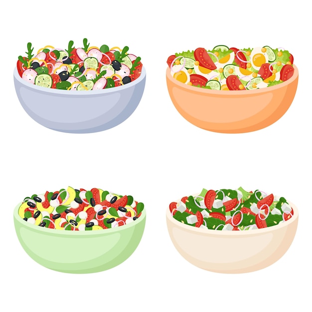 Conjunto de saladas caseiras de legumes frescos comida saudável vagan e refeição vegetariana ilustração vetorial