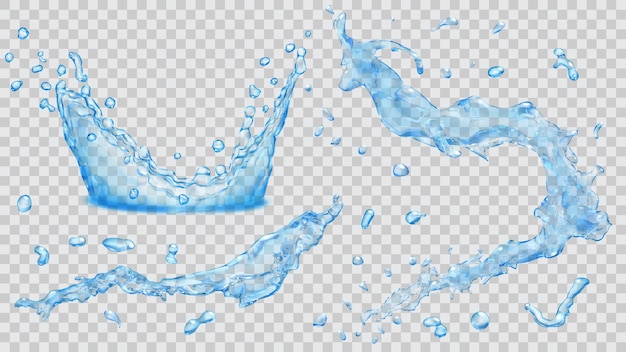 Conjunto de salpicos de água transparente, gotas de água e coroa de cair na água em cores azuis claras, isoladas em fundo transparente. Transparência apenas em arquivo vetorial