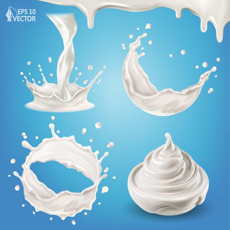 Vetor conjunto de salpicos de leite realistas vetoriais tigela de creme ou sobremesa leitosa de iogurte redemoinhos líquidos em forma de coroa