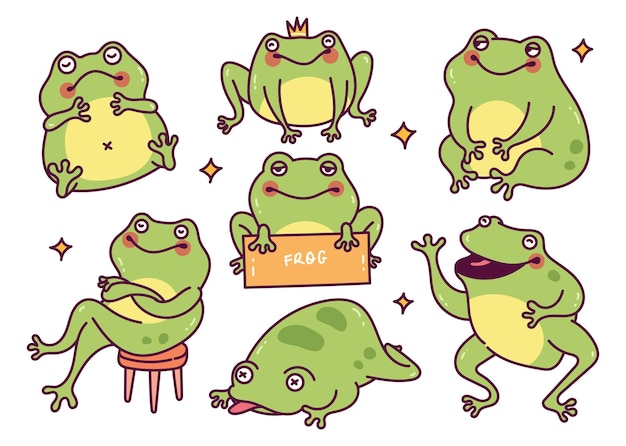 Conjunto de sapo dos desenhos animados em ilustração vetorial de poses diferentes