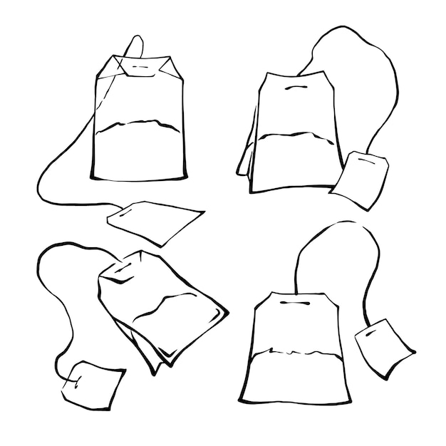 Vetor conjunto de saquinhos de chá desenhados à mão em preto e branco desenho de contorno à mão livre