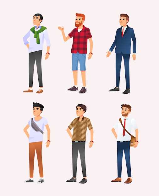 Vetor conjunto de seis caracteres design ilustração do homem com estilo diferente do casual ao formal