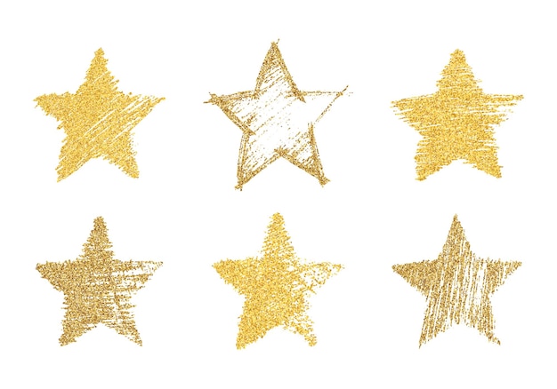 Conjunto de seis estrelas desenhadas à mão com efeito glitter dourado. Forma de estrela em bruto em estilo doodle com efeito de glitter dourados sobre fundo branco. Ilustração vetorial