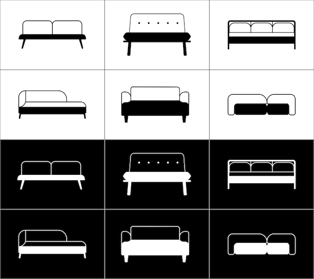 Vetor conjunto de seis ícones de móveis sofás branco sobre fundo preto e preto sobre fundo branco