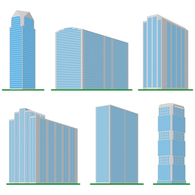 Conjunto de seis prédios modernos em um fundo branco. Vista da parte inferior do edifício. Ilustração isométrica do vetor.