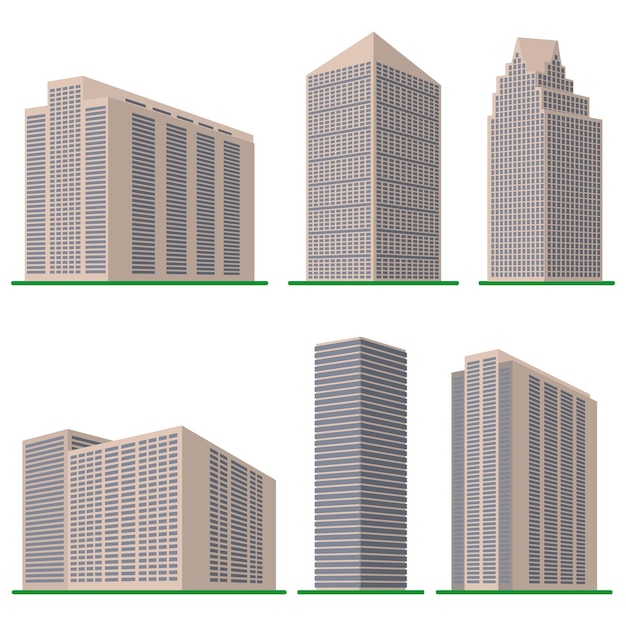 Conjunto de seis prédios modernos em um fundo branco. Vista da parte inferior do edifício. Ilustração isométrica do vetor.