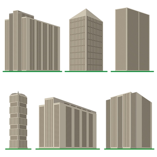 Conjunto de seis prédios modernos em um fundo branco vista do prédio de baixo ilustração vetorial isométricaxa