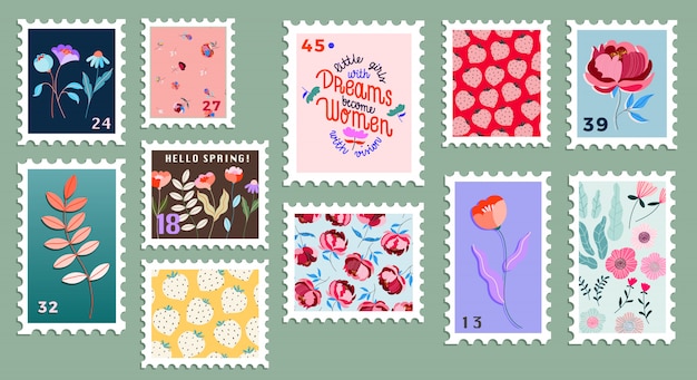 Conjunto de selos bonitos post desenhados à mão. variedade de moderno post carimbo s. selos de postagem floral. desenho conceitual de correio e correios.