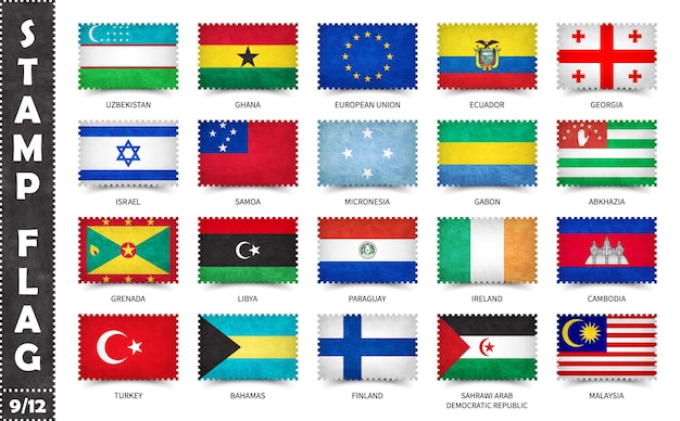 Conjunto de selos com bandeiras oficiais do país