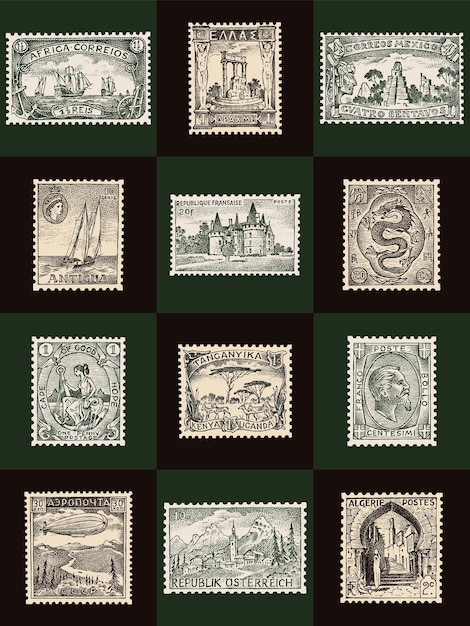 Vetor conjunto de selos postais vintage paisagens antigas dragão e veleiro retro antigo esboço monocromático cartão postal desenhado à mão gravado coleção de quadros de marcas retrô para impressão banner pôster e logotipo