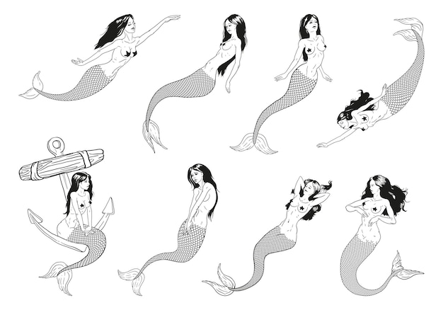 Conjunto de sereias fofas desenhadas à mão doodle ilustração de desenho animado em fundo branco