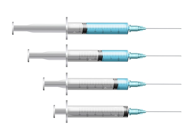 Conjunto de seringas com líquido azul de volume diferente. Seringa com agulha para injeção médica, vacina para atendimento e tratamento. Realista isolado em fundo branco