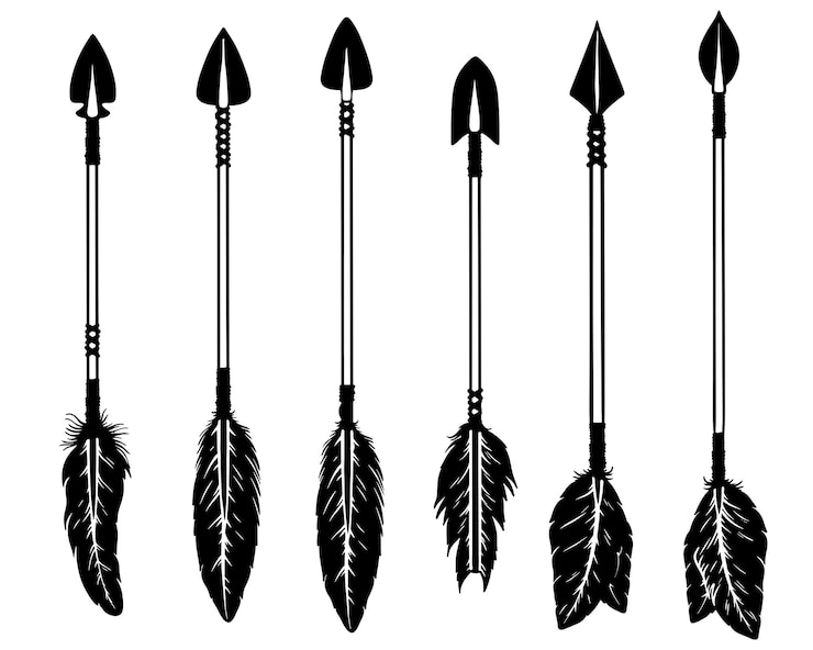 Vetor conjunto de set étnico de flechas de arco com penas em estilo de gravura ilustração vetorial em estilo boho