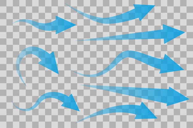 Vetor conjunto de setas azuis transparentes mostrando o fluxo de ar isolado em fundo transparente. estilo plano. vetor