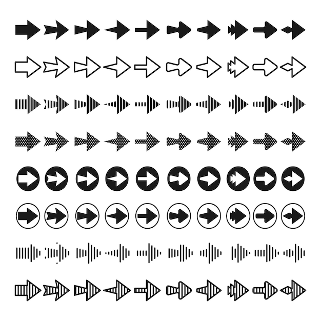 Conjunto de setas. coleção de ícones de seta, conjunto de setas diferentes. cursor. setas simples e modernas.