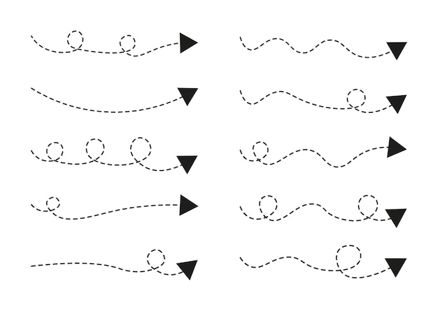Conjunto de setas de linha tracejada, coleção de seta de linha pontilhada