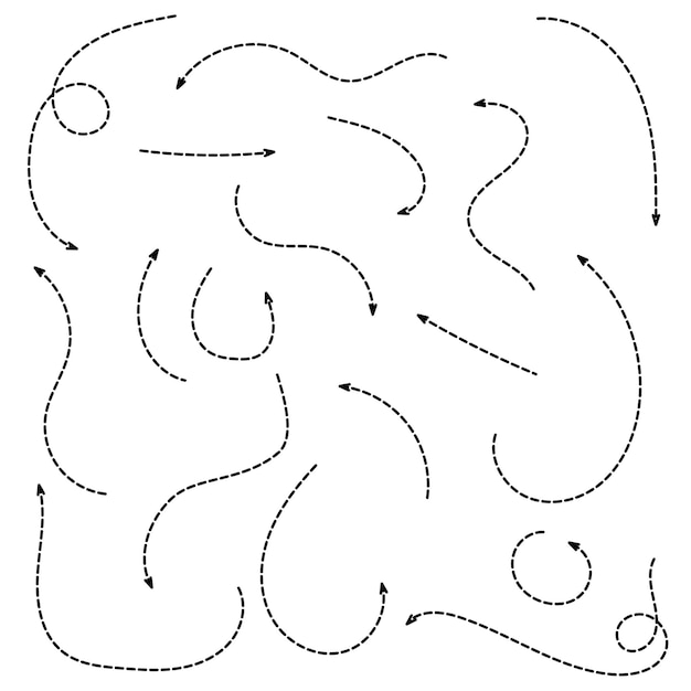 Vetor conjunto de setas pontilhadas de traçado desenhado à mão no estilo doodle ilustração vetorial isolada no fundo branco