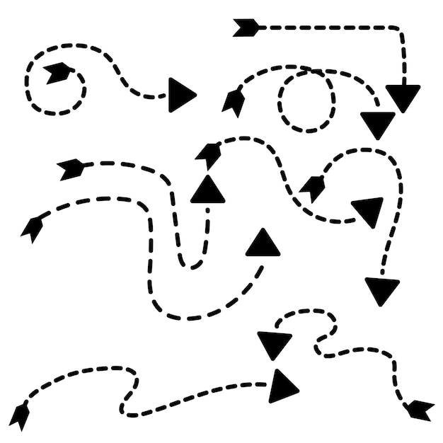 Vetor conjunto de setas tracejadas desenhadas à mão