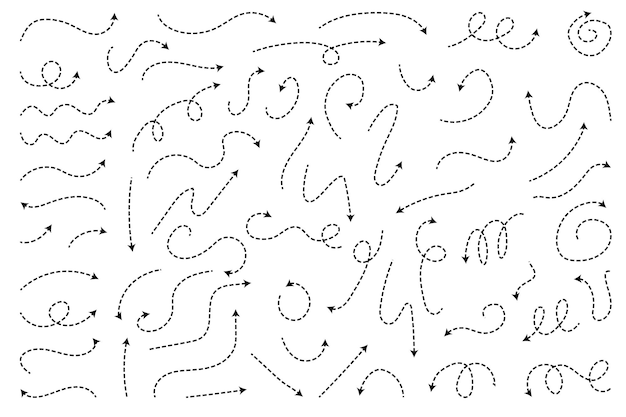 Vetor conjunto de setas tracejadas. linha de pontos do doodle do vetor. setas de ponteiro fino.