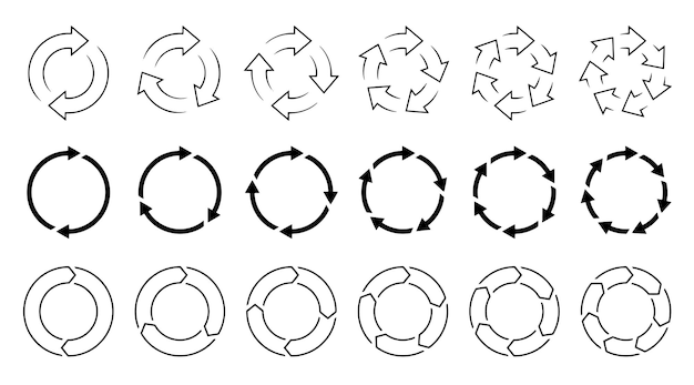 Vetor conjunto de setas vetoriais brancas em um fundo preto infográfico do círculo elementos rotativos com 27 ste