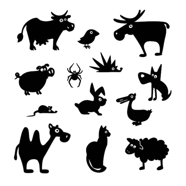 Conjunto de silhueta de desenho animado de ilustração vetorial de animais domésticos e de fazenda