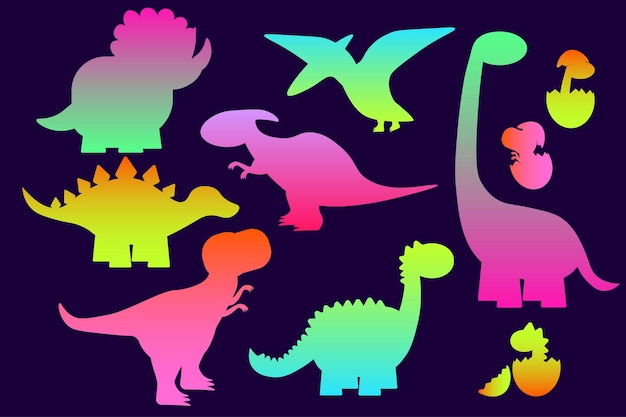 Conjunto de silhueta de neon de cor de dinossauro, predadores e herbívoros de coleção de forma de réptil dino dinossauros engraçados design de crianças para tecido ou têxtil ilustração vetorial isolado eps