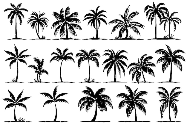 Conjunto de silhueta de palmeiras plantas exóticas pretas de diferentes formas vetor de árvores tropicais de coco