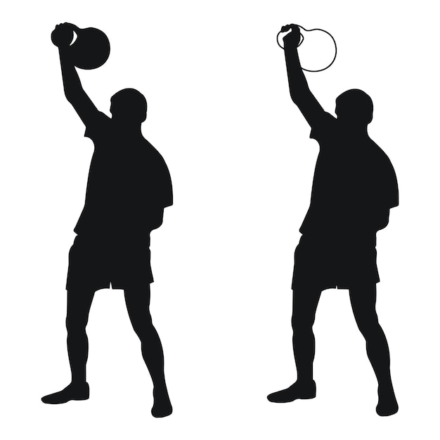 Vetor conjunto de silhuetas atletas levantador de peso levanta pesos kettlebell levantamento de peso puxe push supino