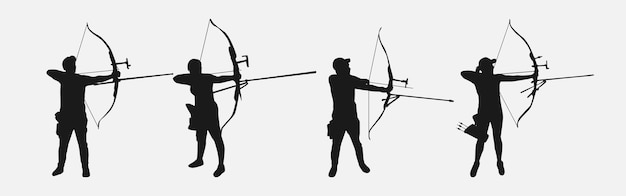 conjunto de silhuetas de atletas de tiro com arco com diferentes poses gestos vetor isolado