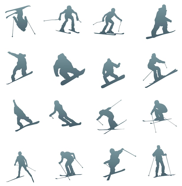 Conjunto de silhuetas de aventureiros de esqui. esquiadores e snowboarders.