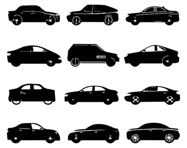 Vetor conjunto de silhuetas de carros em um fundo branco ilustração vetorial