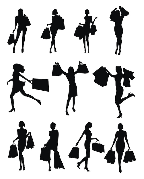 Vetor conjunto de silhuetas de compras de mulheres em fundos brancos