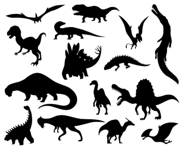 Conjunto de silhuetas de dinossauros ícones de monstros dino forma de animais reais esboço de répteis pré-históricos ilustração vetorial isolada em branco esboços desenhados à mão