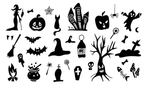 Conjunto de silhuetas de estilo cartoon doodle de halloween