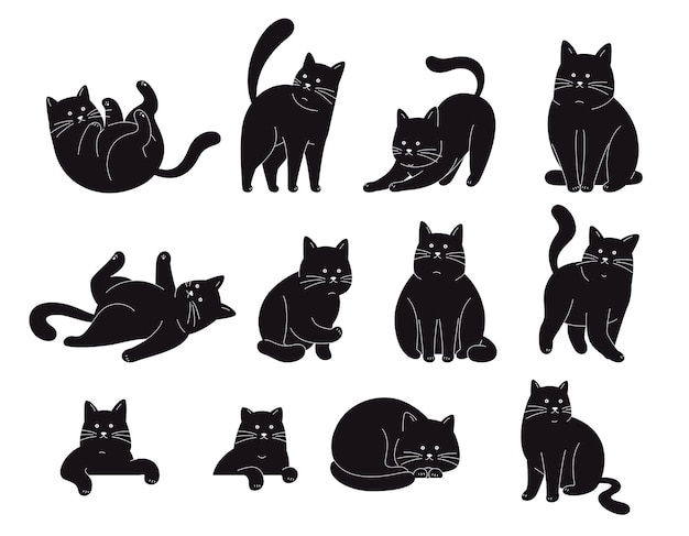 Vetor conjunto de silhuetas de gatos gatos pretos de desenho animado engraçados em diferentes poses animais de estimação engraçadas vetor