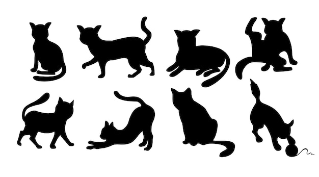 Conjunto de silhuetas de gatos ícones de gatos elegantes desenhos animados engraçados curiosidade coleção de animais pretos