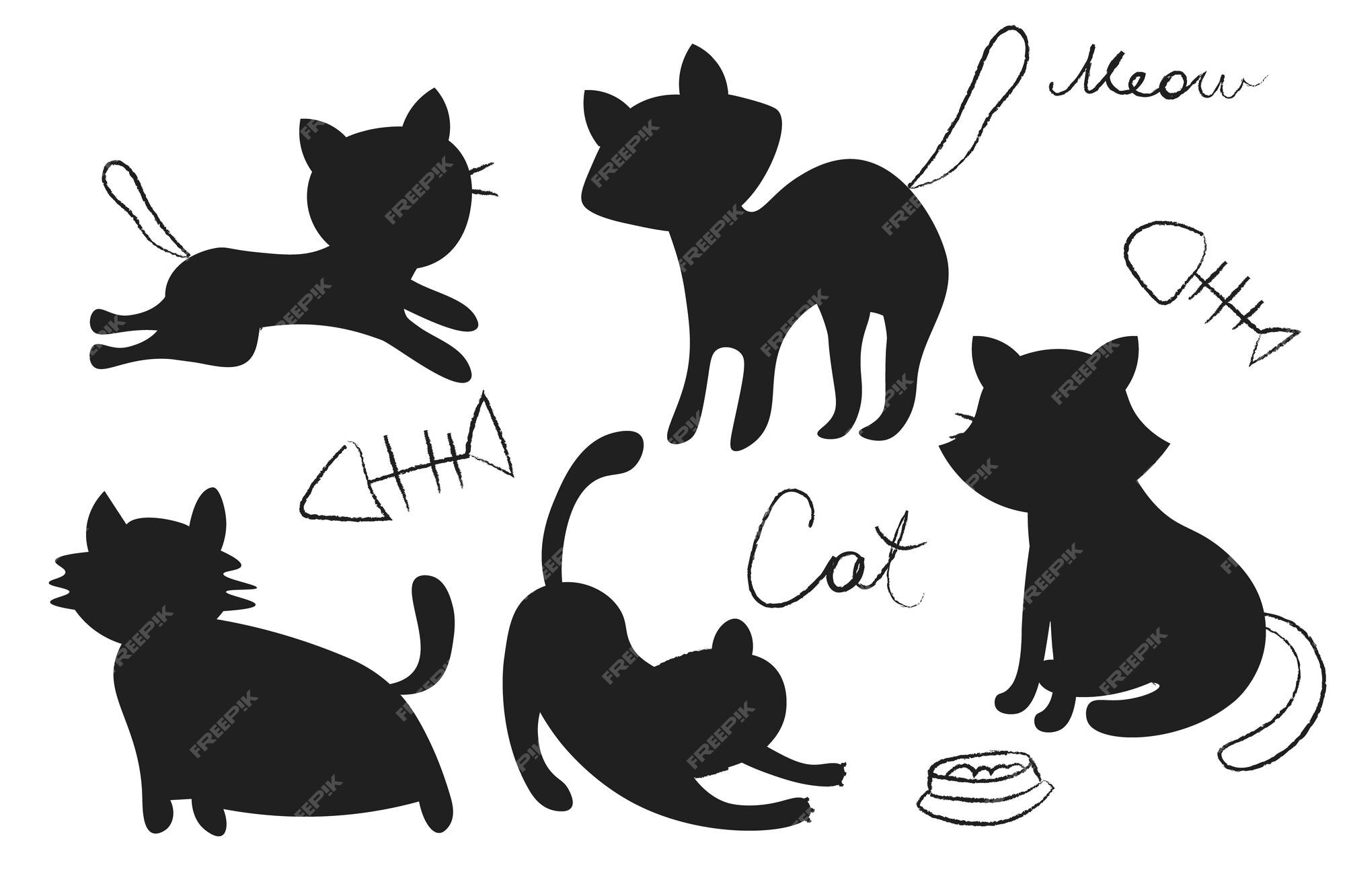 Grupo De Gatos Dos Desenhos Animados, Animais De Estimação Bonitos, Preto,  Branco, Marrom, Gengibre E Também Contorno E Versões Da Silhueta, Situando  E Sorrindo, Isolado No Fundo Branco. Vetor Ilustraciones svg, vectoriales