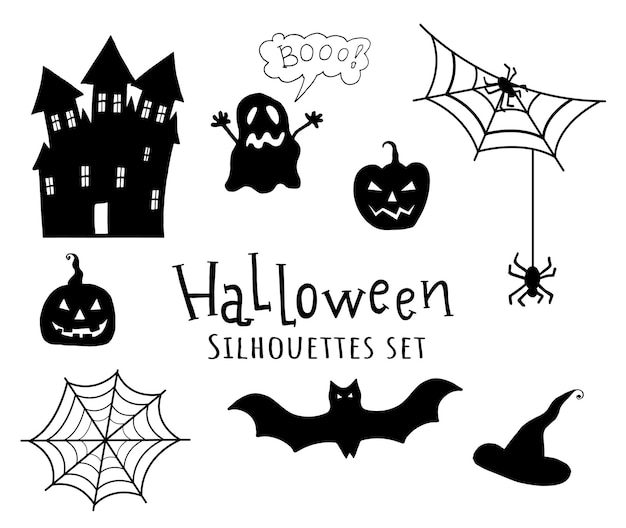 Vetor conjunto de silhuetas de halloween vetoriais abóboras de casa de vetores morcego teia de aranha fantasma e chapéu