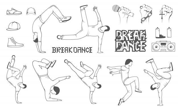 Conjunto de silhuetas de homem breakdance