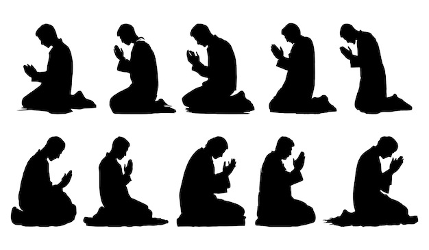Conjunto de silhuetas de homens levantando as mãos em oração, ajoelhados e curvados