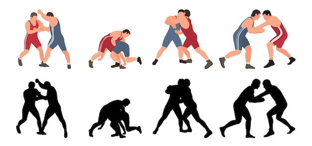 Conjunto de silhuetas de lutadores imagem de esportividade de arte marcial de luta greco-romana