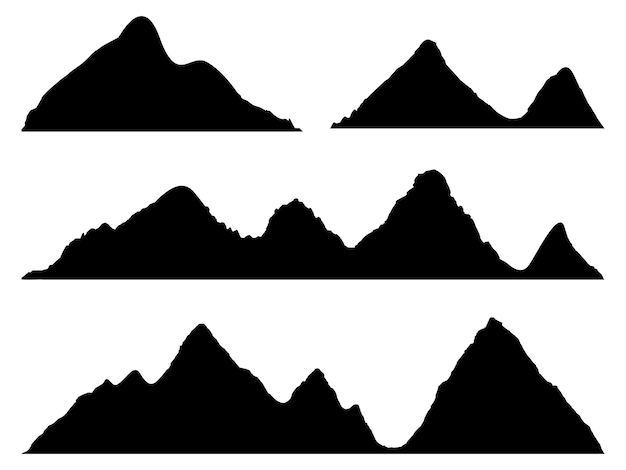 Conjunto de silhuetas de montanhas no fundo branco amplas silhuetas panorâmicas semidetalhadas de montanhas e paisagens rochosas linha isolada de montanhas em ilustração vetorial