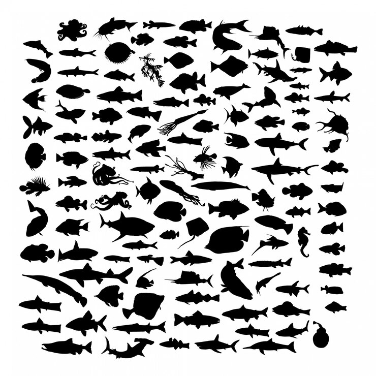 Conjunto de silhuetas de peixes