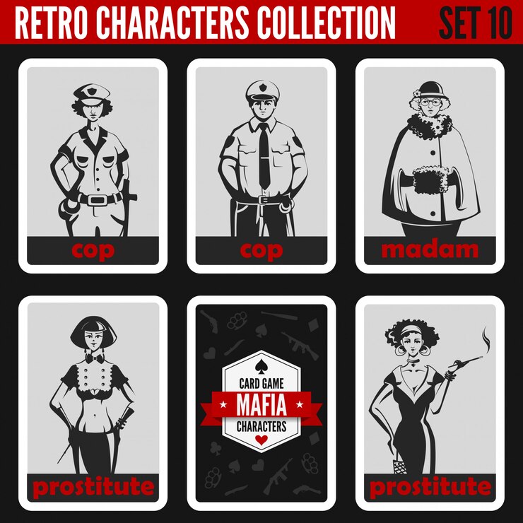 Vetor conjunto de silhuetas de pessoas vintage retrô. senhora, prostitutas, policiais profissões ilustrações.