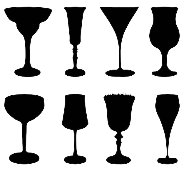 Conjunto de silhuetas de taças de vinho em preto