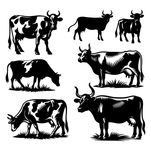 Vetor conjunto de silhuetas de vacas isoladas em um fundo branco ilustração vetorial