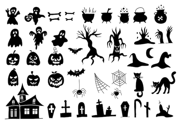 Conjunto de silhuetas de vetor de estilo halloween doodle em um fundo branco. elementos pretos assustadores para seu projeto. desenhado à mão