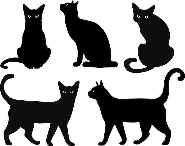 Conjunto de silhuetas de vetor de gato isolado em gatos de fundo branco em poses diferentes tatuagem