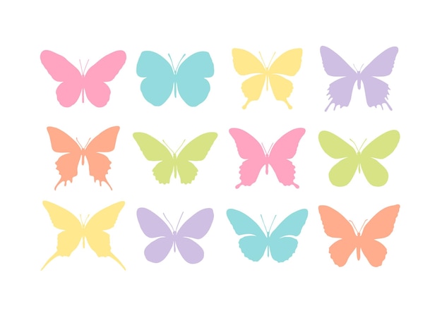 Vetor conjunto de silhuetas multicoloridas de borboletas isoladas no fundo branco. ilustração vetorial