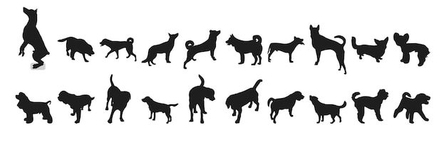 Conjunto de silhuetas negras de cães em pé, formas de pacote de posição de corrida e figuras, animais de estimação desenhados à mão